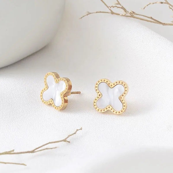 White Four Leaf Clover Stud Earrings | Lucky Clover | Mother of Pearl Clover Earrings | 18K Gold Plated Dainty Earrings | Van Cleef Earrings