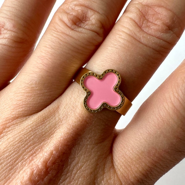 Pink Van Cleef Gold Ring | Adjustable Clover Gold Ring | Vintage Gold Ring | Four Leaf Clover Statement Ring | Stackable Gold Ring