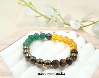 Geldarmband – groene aventurijn, citrien, tijgeroog, pyriet, hematiet – edelsteenarmband met kralen voor rijkdom, overvloed en geluk – cadeau
