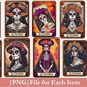 Könnte beinhalten: Eine Sammlung von zehn La Catrina Kunstdrucken. Jeder Druck zeigt eine detaillierte Illustration eines weiblichen Skeletts mit aufwendigen floralen Kopfbedeckungen und Make-up. Die Drucke sind rechteckig mit einem dekorativen Rahmen. Der Text "La Catrina" ist sichtbar.