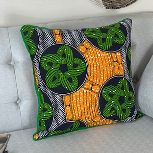 Green Kente African Print Pillow Cover: Ankara Cotton Cushion (22x22)