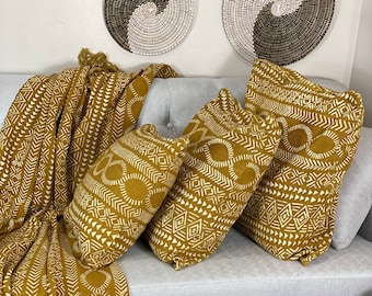 African Mudcloth Blanket Pillowcase Traditional Textile Mud cloth Handmade Blanket Bed Sofa Throw Linen| Boho Blanket Pillowcase-Sira Yellow