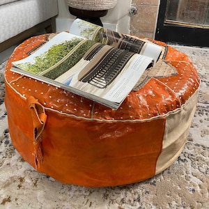 Maria Beige and Orange Pouf| Handmade Malian| Tuareg Pouf|Lamb Leather Ottoman Round Pouf Footstool| Hand Painted Leather Ottoman Round Pouf