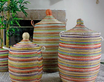 Sitan Multicolor Senegal Storage Basket - Handmade Senegalese Unique Decorative Elegant and Useful Basket for Storage for Towels, Toys