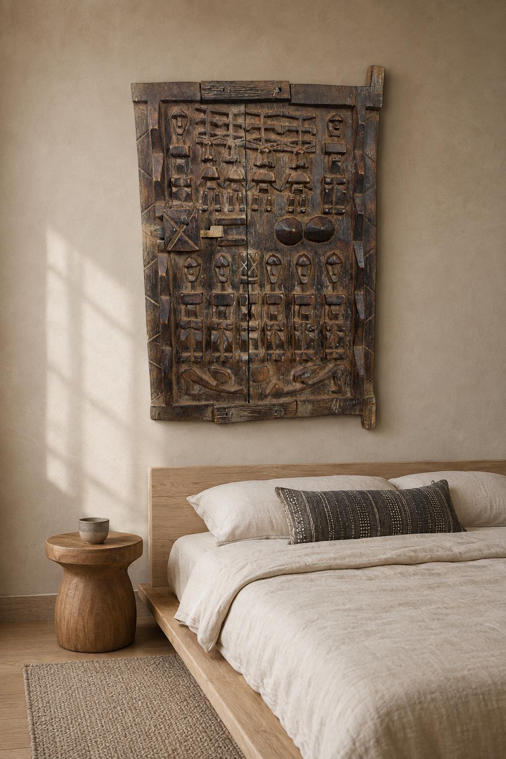 May include: A large, rectangular, dark brown carved wooden wall panel featuring intricate relief figures and geometric patterns. The panel is mounted above a low-profile wooden bed frame with light beige bedding and a dark patterned lumbar pillow.