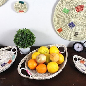 Set of 3 White Oval Senegalese Woven Fruit Basket Trays, African Basket, Decorative Bowl, Boho Wall Deco, Basket for Dinning, Serving basket