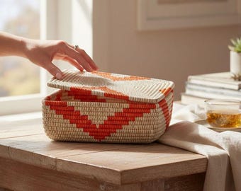 Handwoven Senegalese Lidded Basket – Orange & White, Decorative Storage