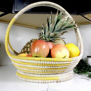 Yellow Senegalese Woven Wicker Fruit Basket, African Basket, Decorative Woven Bowl, Boho Wall Deco, Basket for Dinning, Entry Livingroom