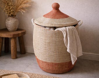 Handmade Red Senegal Basket: Elegant Woven Storage with Lid