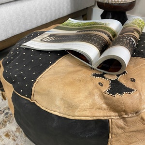 Jolie Black and Beige Pouf| Handmade Malian| Tuareg Pouf| Lamb Leather Ottoman Round Pouf Footstool| Hand Painted Leather Ottoman Round Pouf