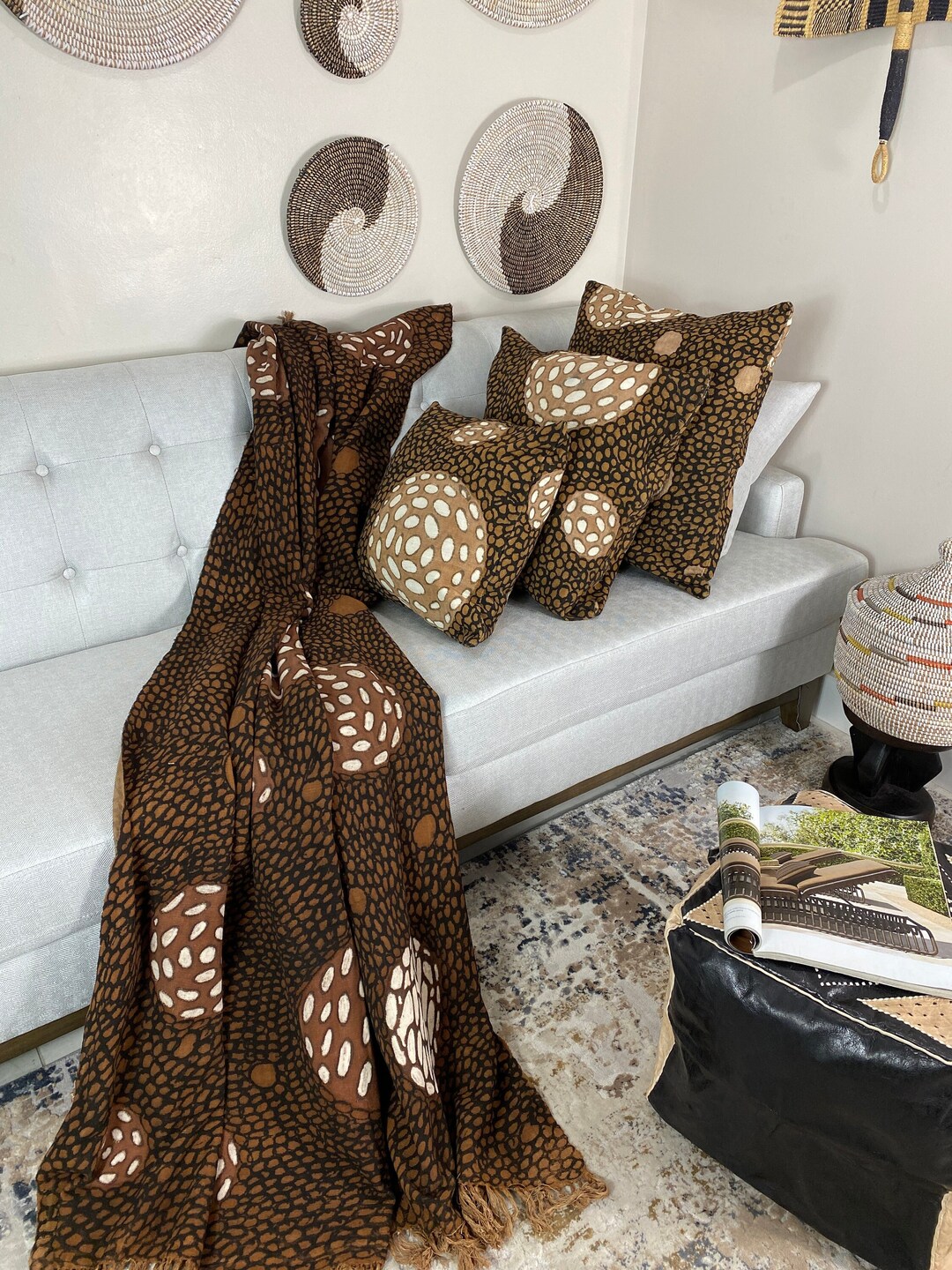 Kalo Brown African Mudcloth Blanket Set Traditional Textile Bedsheet Handmade Blanket Bed Sofa