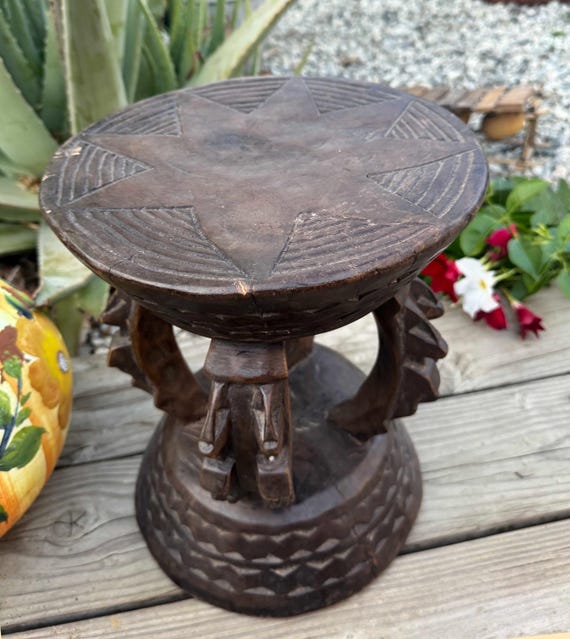 Dogon Stool 14 x 12 in, Hand-Carved Mali Wood Stool with Figured Legs, Primitive Side Table