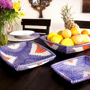 Set of 3 Purple Senegalese Woven Wicker Fruit Basket, African Basket, Decorative  Bowl, Boho Wall Deco, Basket for Dinning, Serving basket