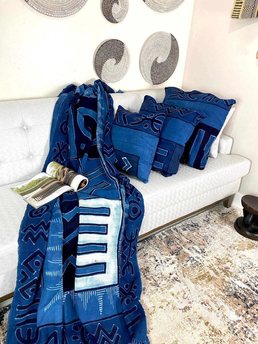 Bana Blue African Mudcloth Blanket Set Traditional Textile Bedsheet Handmade Blanket Bed Sofa