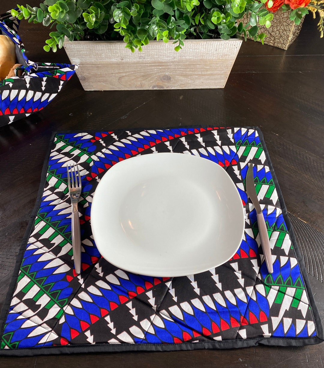 African Blue Ankara Placemat Table Linen Padded Placemat Handmade Placemat African Table Décor