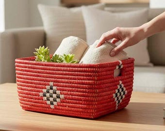 Handmade Red Senegalese Basket – Woven Storage, Toy & Towel Organizer