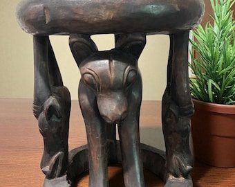 Hand Carved Bamileke Table: African Tribal Wood Stool