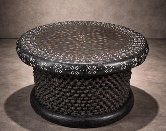 Bamileke Stool Table with Cowrie Shells | Hand-Carved African Wood Side Table | Tribal Coffee Table | Boho Ethnic Decor