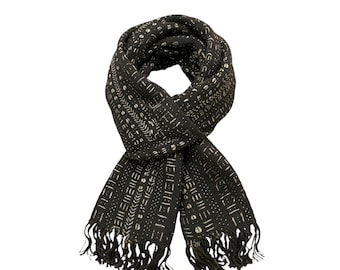 African Mudcloth Scarf – Handmade Boho Bogolan Scarf, Unisex Rustic Wrap, Tribal Cotton Shawl