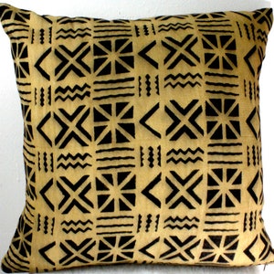 Tela africana tradicional Bogolan Fani, tela de barro, diseño de letrero amarillo de doble cara, 100 % algodón, hecha a mano, para almohada decorativa.