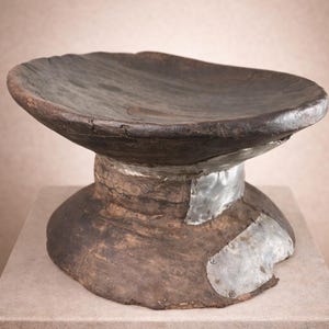 Vintage African Wooden Stool: Handcarved Metallic Accent Table 13 x 8H inch