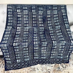 Vintage African Indigo/ Antique Indigo Shibori dyed Fabric Mud Cloth with fringe/ Dyed Blanket Throw Boho Style Textile| Ethnic Indigo 62x50