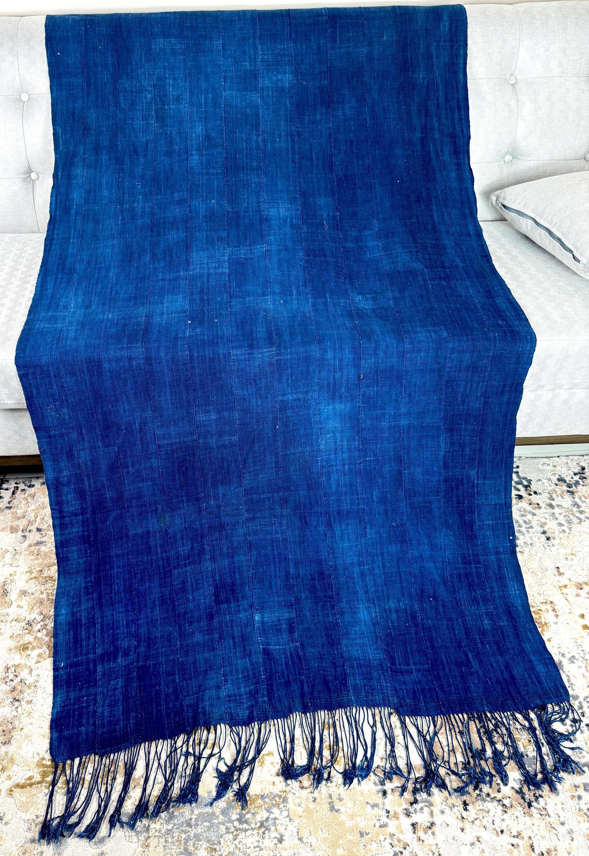 Vintage African Indigo/ Antique Indigo Shibori dyed Fabric Mud Cloth with fringe/ Dyed Blanket Throw Boho Style Textile| Ethnic Indigo 81x42
