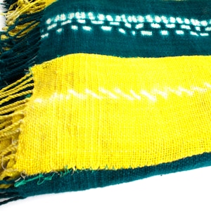 Yellow Vintage African Mud Cloth with fringe,  Boho Style Textile, Tribal art, Blue Indigo vintage cloth, Ethnic Indigo,  dyed throw