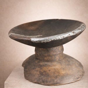 Vintage Handcarved African Wooden Stool: Metallic Accent Table 12.5 x 8.5H in