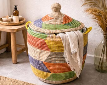 Handmade Multicolor Senegal Basket: Elegant Woven Storage