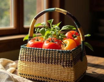 Könnte beinhalten: Ein Weidenkorb gefüllt mit reifen roten und orangen Tomaten und grünen Zweigen. Der Korb hat einen geflochtenen Griff mit farbigen Akzenten und steht auf einer Holzoberfläche. Der Korb besteht aus Naturfasern.