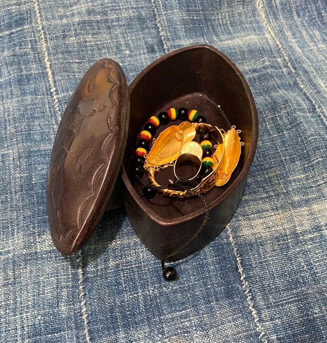 Brown Oval Tuareg Handicraft Leather Jewelry Box Made in Mali Ethnic Tuareg Home Decor
