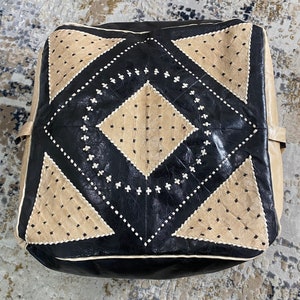 Mami Beige and Black Pouf| Handmade Malian| Tuareg Pouf| Lamb Leather Ottoman Square Pouf Footstool| Hand Painted Leather Ottoman Round Pouf