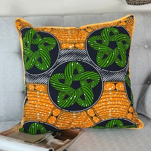 Orange Kente Print Pillow Cover: African Ankara Cotton Cushion (22x22)