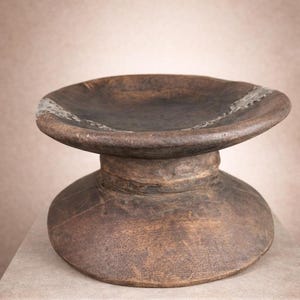 Vintage Handcarved African Wooden Stool: Metallic Accent Table 13.5 x 7.5H In