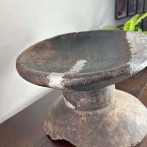 Vintage African Stool | African Wooden Side Stool | African Wooden Bowl End Table | Accent Table | Handcarved Dark Stool with Metallic Side
