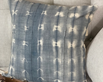 Gray African Indigo Pillow Cushion Cover| Blue Mudcloth Pillowcase| Denim Pillow| Boho Hippie Decor| Handmade Pillow| Tie dye Blue Indigo|