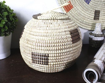 White/Brown Round Senegalese Decorative Pot basket - Handmade Senegalese Unique Decorative Elegant and Useful Basket for Storage