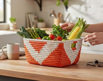 Handmade Senegalese Basket – Orange Triangle Woven Storage
