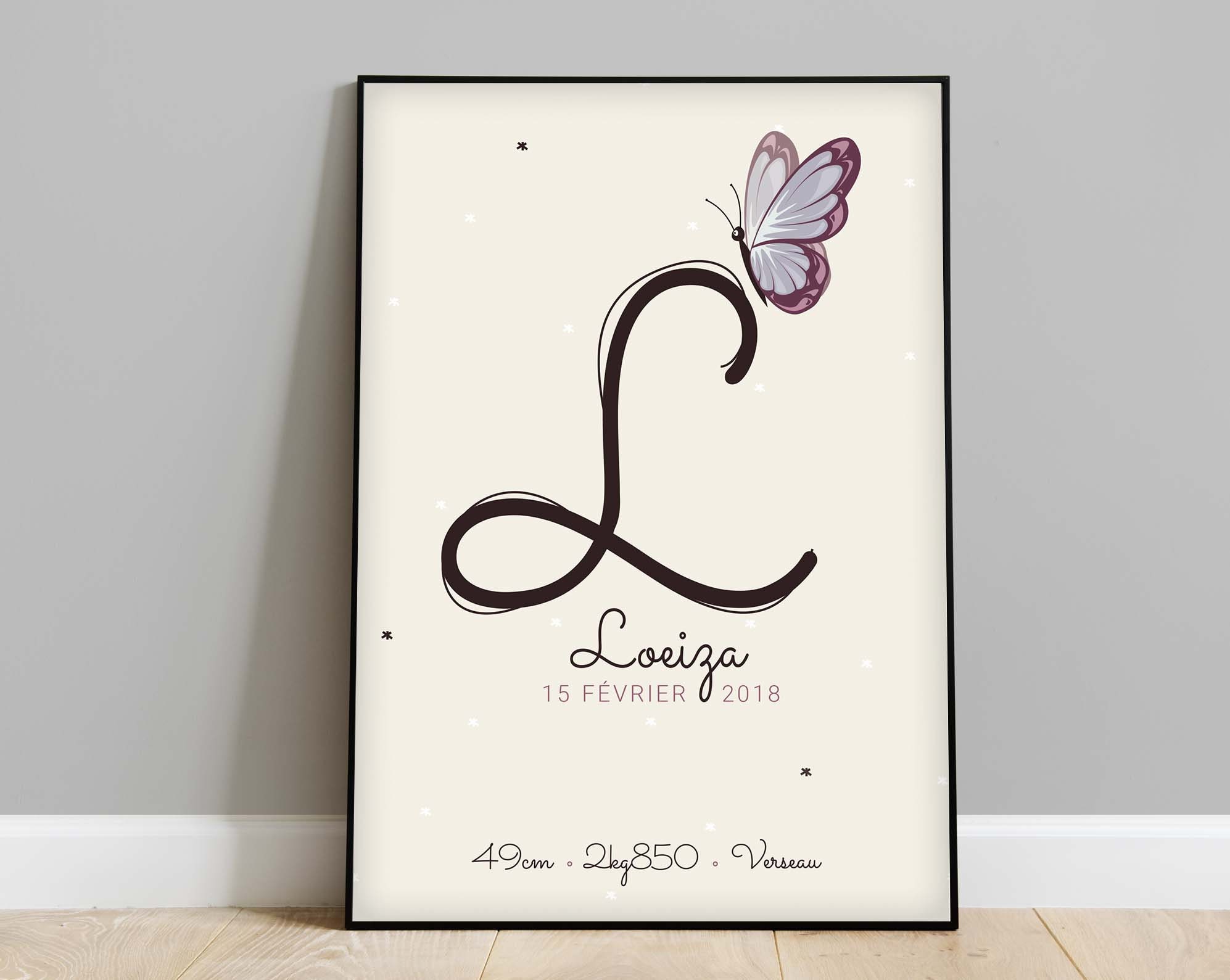 Affiche Naissance Personnalisée avec L'initiale Du Prénom, Cadeau de Naissance, Décoration Chambre B