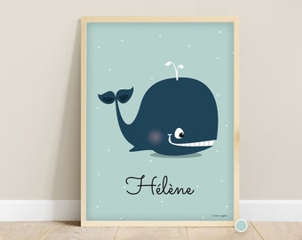 Affiche enfant personnalisée baleine, décoration murale chambre de bébé, cadeau naissance