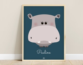 Hippopotamus personalized children's poster, baby room wall decoration, birth gift, baby poster, baby first name poster