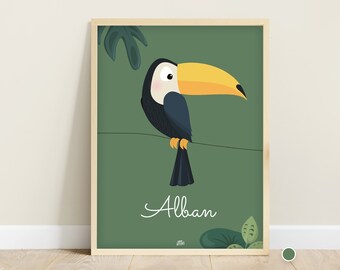 Affiche enfant personnalisée toucan, décoration murale chambre de bébé, cadeau naissance, poster bébé, affiche thème jungle