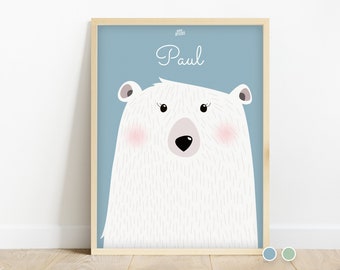 Affiche enfant personnalisée ours polaire, décoration murale chambre de bébé, cadeau naissance, poster bébé, affiche thème banquise