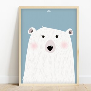 May include: A white polar bear with a pink nose and blush on its cheeks. The bear is looking directly at the viewer. The background is a light blue color.
