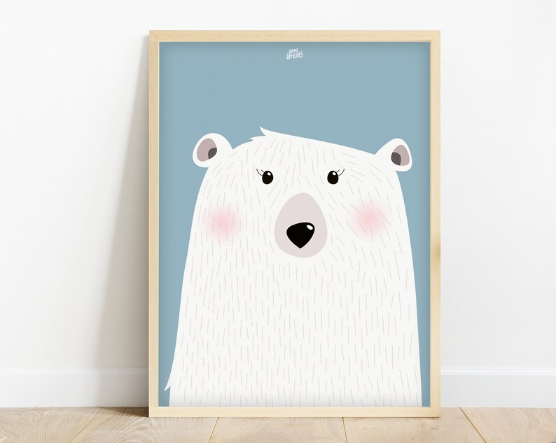 May include: A white polar bear with a pink nose and blush on its cheeks. The bear is looking directly at the viewer. The background is a light blue color.