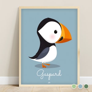 Personalized puffin nursery poster, baby room wall decoration, birth gift, baby poster