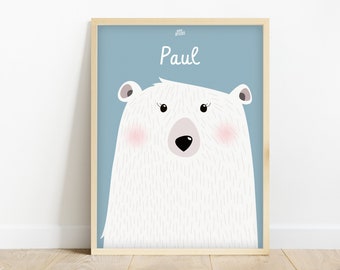 Personalized polar bear children's poster, baby room wall decoration, birth gift, baby poster, ice floe theme poster