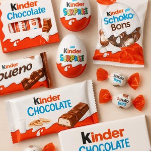 Op de afbeelding: Assortiment van Kinder chocoladeproducten, waaronder repen, eieren en snoepjes. De verpakking is wit met rode en blauwe tekst, en de producten zijn gerangschikt op een lichtgekleurd oppervlak.
