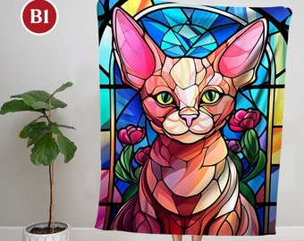 Christmas Sphynx Blanket, Sphynx Cat Art Blanket, Sphynx Cat Blanket, Cat Christmas Blanket, Sphynx 3D Rustic Stained Glass Christmas Gifts